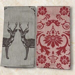 2 - Tea / Dish towels Damask print Deer Antlers Hunter 100% cotton Portugal NEW